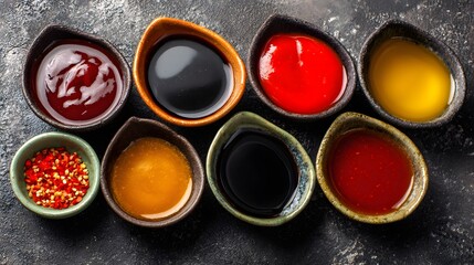 Assorted sauces in small bowls on a dark surface.