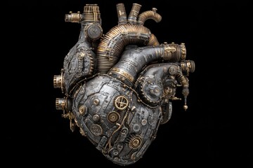 Fototapeta premium Steampunk Heart: Mechanical Gears and Intricate Design on Black Background