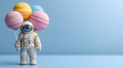 Spaceman holds colorful planetary balloons against a light blue backdrop.