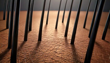 顕微鏡で見た頭皮と髪の毛の3DCGイラスト  薄毛のクローズアップイメージ