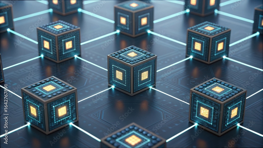 Poster glowing cubes with embedded circuits and neon connections in v2 design