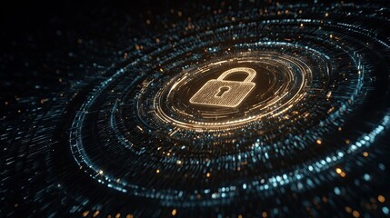 digital cybersecurity shield, glowing holographic encryption key surrounded by streams of binary code, dark tech background 

