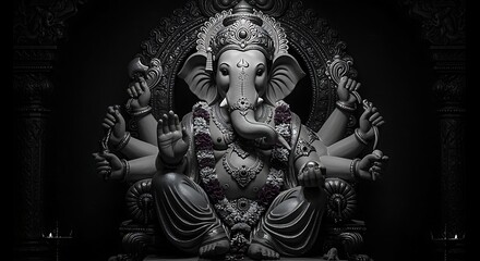 Fototapeta premium Magnificent Black and White Ganesha Idol Depicting Hindu God of Wisdom and Prosperity Religious Art Photography