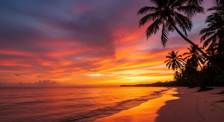 Fiery Tropical Sunset: Palm Trees Silhouetted Against a Vibrant Orange and Purple Sky