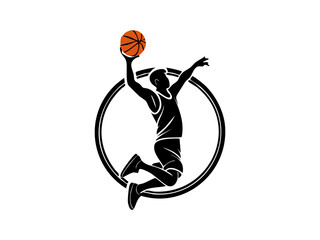 Silhouette of a basketball youth and energetic player performing a slamdunk