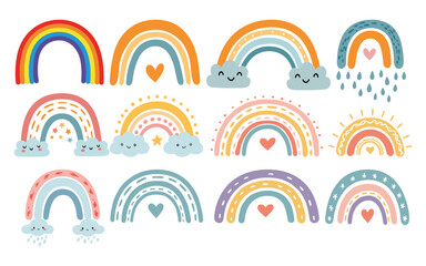 A cute hand drawn rainbow illustration with clouds hearts and stars with a white background