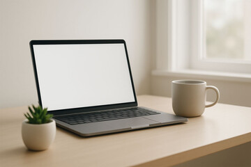 Fototapeta premium Modern laptop with blank screen on a wooden desk next to a mug and plant