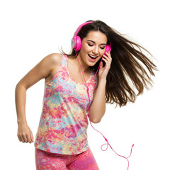 Girl Listening To Music With Headphones And Dancing, White Background