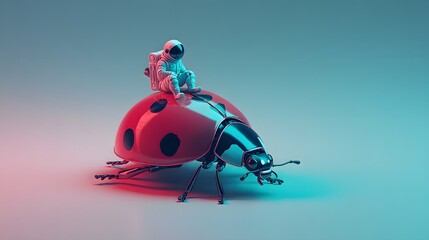 A ladybug with an astronaut riding it, illuminated with vibrant colors.