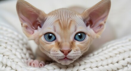 A close-up portrait of an adorable Sphynx kitten with bright blue eyes resting on a white knitted blanket.