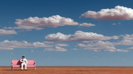 Astronaut sits on a pink bench in a vast, desert landscape under a vibrant sky.