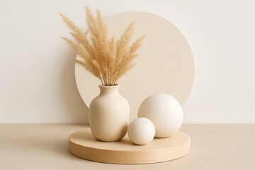 Pampas grass in a beige vase with spheres on a wooden podium