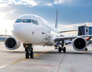 Fototapeta premium A white passenger jet at the gate, ready for departure, with clear skies in the background