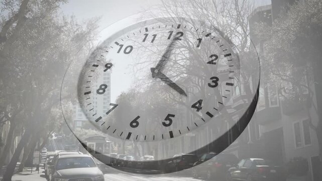 Analog clock face fading into street view while hands rotating swiftly to illustrate time passing