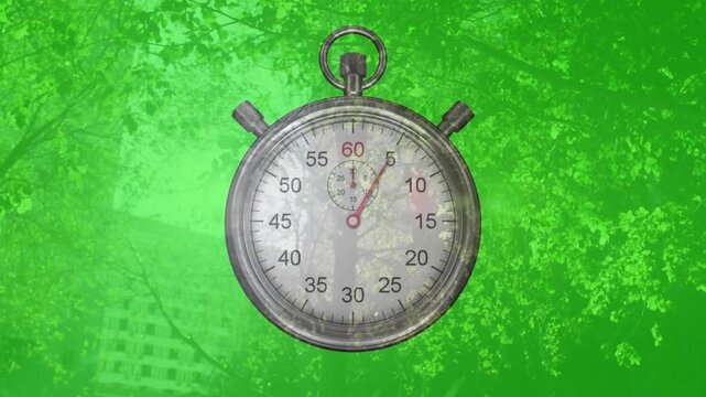 Stopwatch hand starting at sixty moving toward fifteen over green canopy showing seconds passing