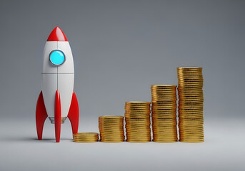 Conceptual 3D illustration of a startup rocket preparing for launch next to ascending stacks of gold coins, symbolizing successful financial growth, investment strategy, and market development.