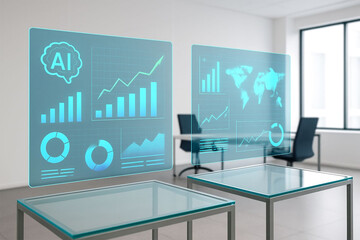 Modern office with futuristic holographic displays showing financial data and charts