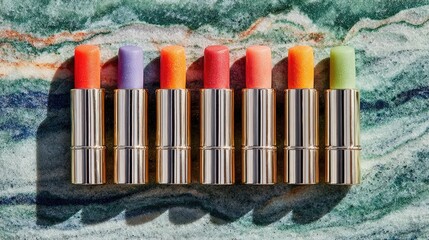 Colorful lip balms in gold containers on marbled surface