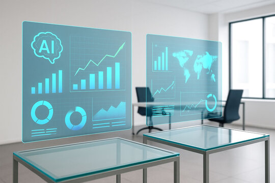 Modern office with futuristic holographic displays showing financial data and charts