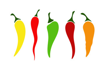 Chili pepper, a set of bright different colored hot peppers isolated on white, flat vector illustration. Decorative hot, burning element for decoration, design, labels, menu Collection of icons, logos