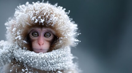 A small monkey covered in frost and snow.