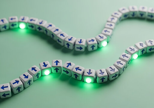 Conceptual representation of complex pathways and decision-making, featuring two winding lines of arrow cubes where glowing green nodes highlight progress along a strategic data flow process.