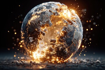 Fototapeta premium Fractured sphere erupting in fiery destruction