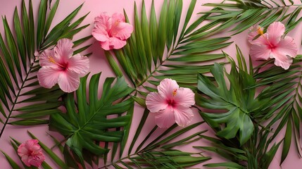 Pink hibiscus flowers and tropical leaves on a pastel pink background.