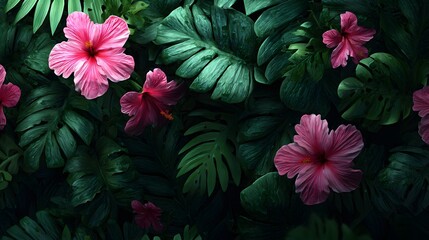 Pink hibiscus flowers and tropical leaves in a dark background.