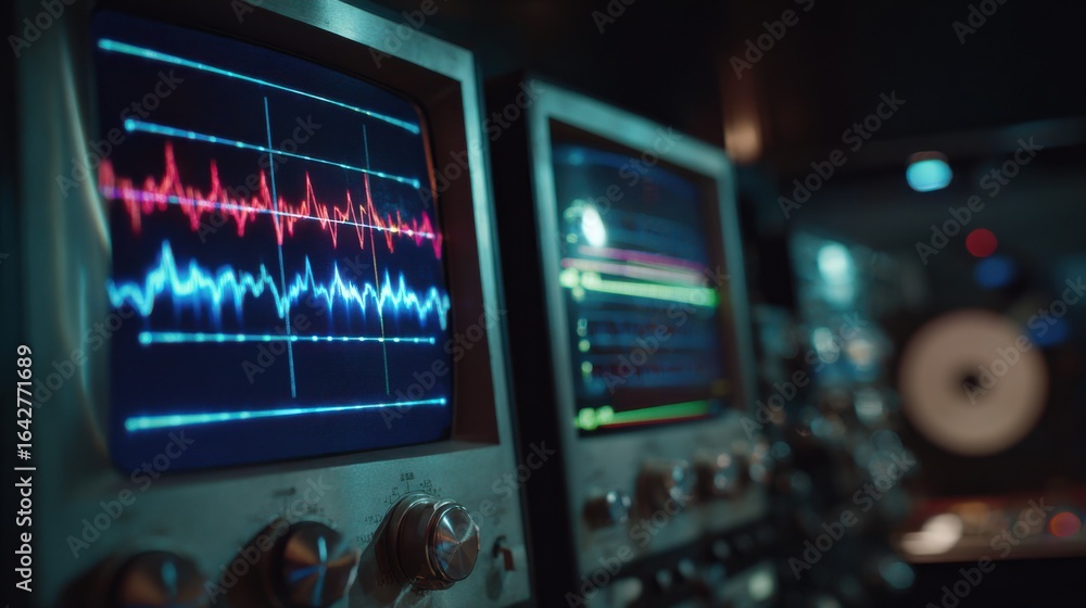 Poster medium shot focused on a glowing waveform display on highresolution monitors with outoffocus tape re