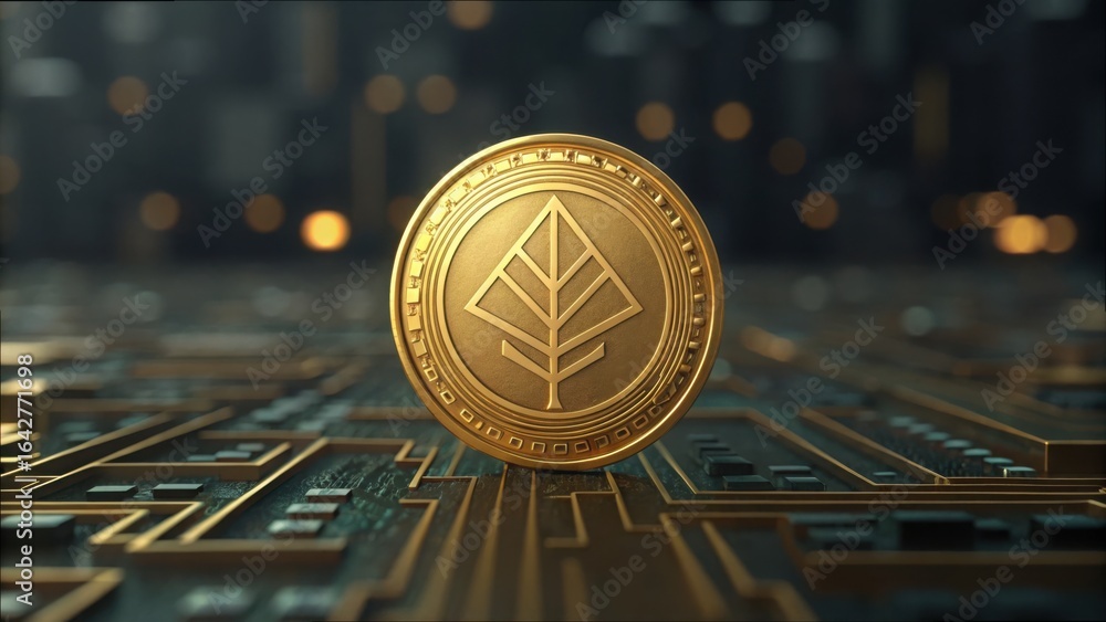 Poster golden coin on digital circuitry background in a futuristic setting