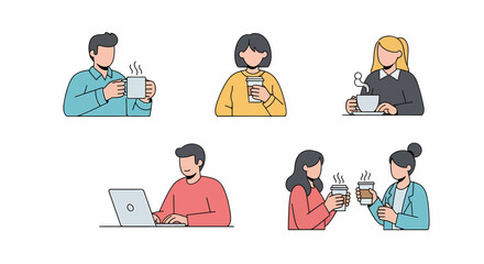 Fototapeta premium Illustrations of diverse people enjoying hot beverages, working on a laptop, and engaging in social interactions.