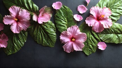 Pink hibiscus flowers and leaves arranged on a dark background.