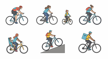 A collection of illustrations depicting people of various ages riding bicycles, some with accessories.