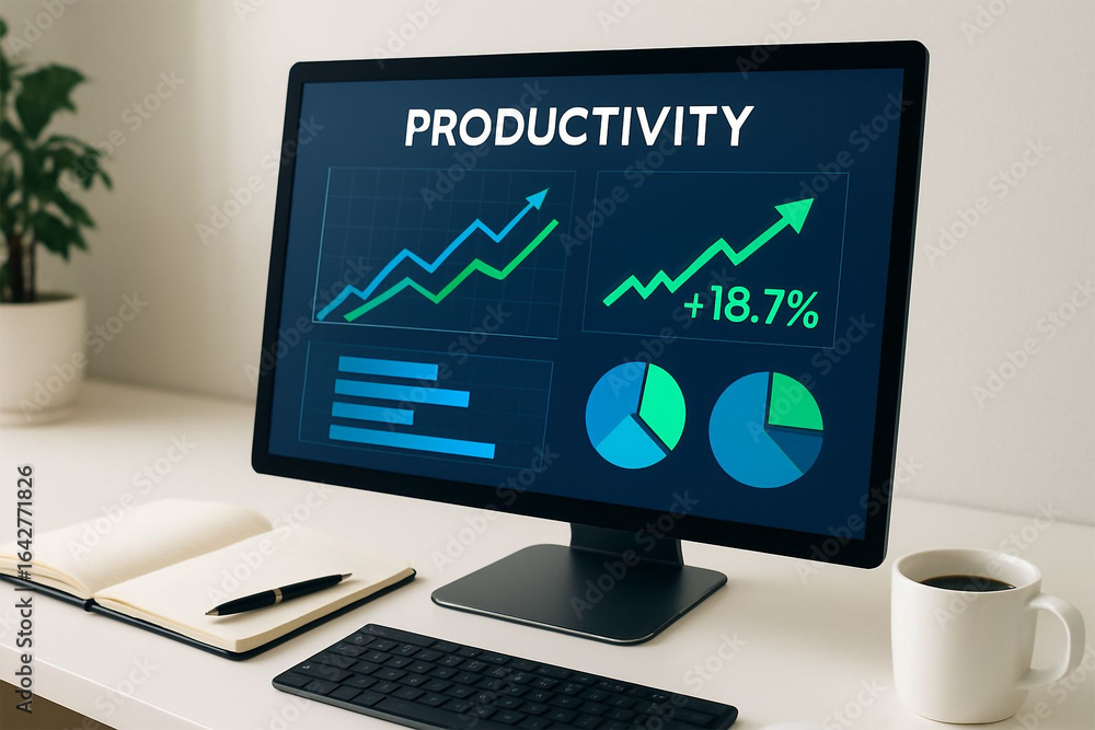 Fototapete computer screen displaying productivity charts and graphs in a modern office setting
