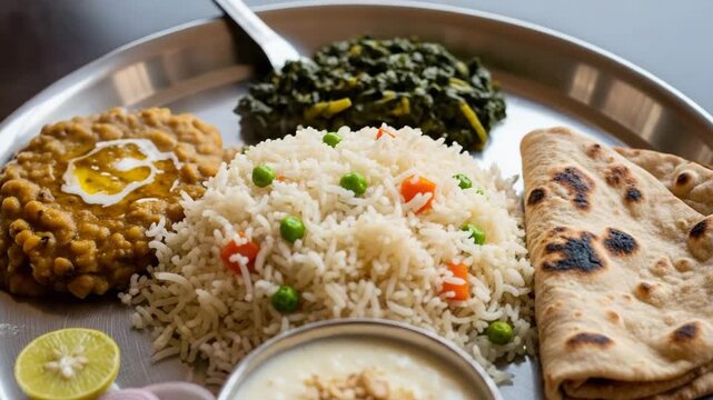 Langar meal served on a steel plate featuring rice, dal, greens, and bread in a communal setting
