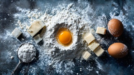 Flour, butter, and eggs arranged on a dark surface.