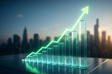 Green glowing financial graph rising above a city skyline at dusk