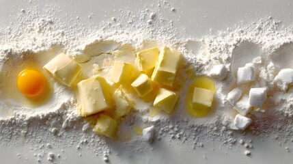 Butter, sugar, and egg on a floured surface.