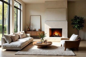 Modern Living Room Interior Design Featuring a Cozy Fireplace and Comfortable Furniture