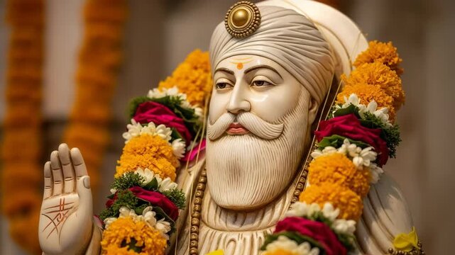 Guru Nanak statue adorned with vibrant garlands at a local shrine during a festival celebration
