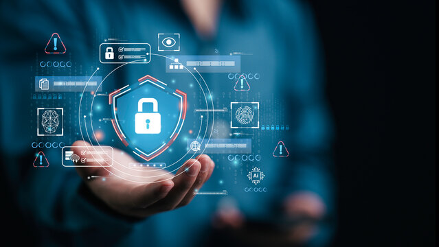 Person hand holding digital security icons, showing data protection, password authentication, and secure access technology for cybersecurity and network safety.