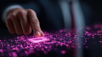 Hand touching glowing circuit board