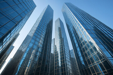 Modern glass skyscrapers reaching towards the sky