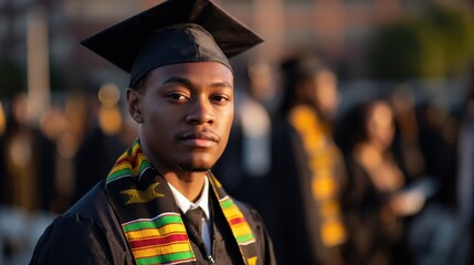 Fototapeta premium Proud Young Man Celebrating Graduation in Traditional Gown and Cap with Bright Smile Against Academic Background Symbolizing Achievement and Success