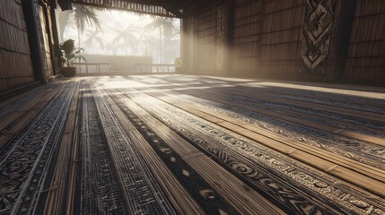 Detailed view of patterned wooden floor.