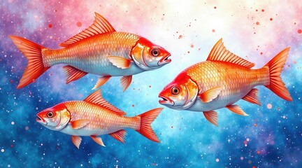 Fototapeta premium Three vibrant orange fish gracefully swim through a cosmic dreamscape, their scales shimmering with an ethereal glow against a backdrop of swirling nebulae and scattered stardust.