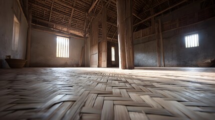 Spacious interior of a traditional building with woven bamboo flooring.