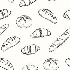 Hand-Drawn Bread Pattern Vector – Line Art Style with Croissants, Baguettes, and Pastries