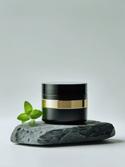 Black and Gold Luxury Cosmetic Jar on Stone with Greenery